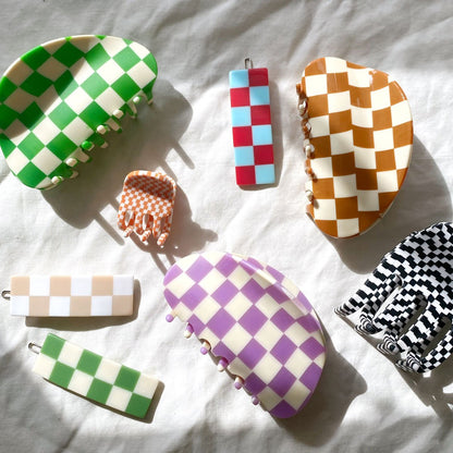 Green Chessboard Hair Slides  by Veronique
